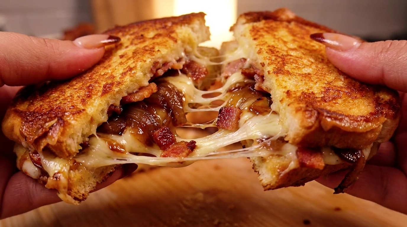 Grilled Cheese Sandwich mit karamellisierten Zwiebeln und Bacon