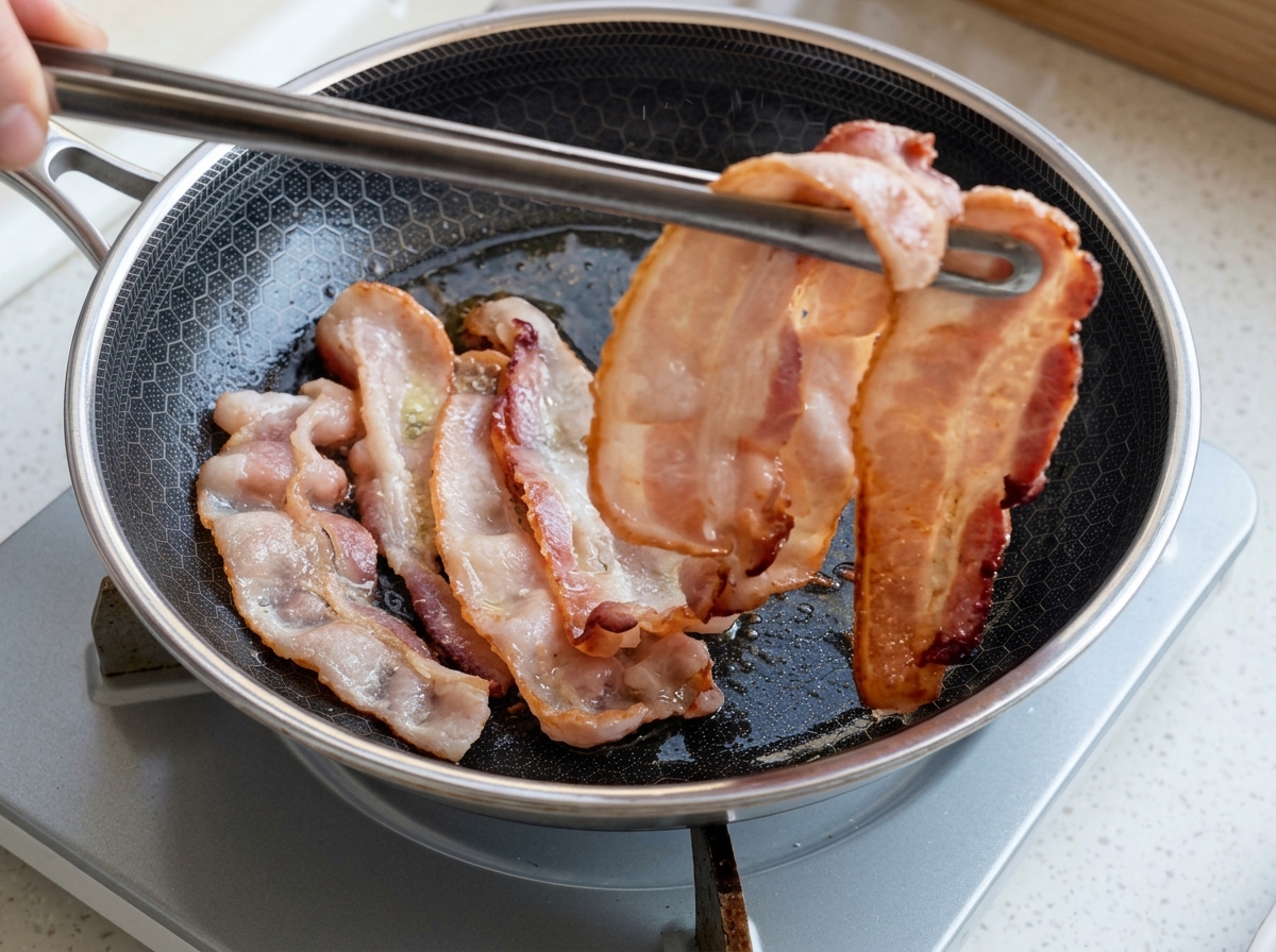 Eine Metallzange hebt ein Stück goldbraunen, knusprigen Bacon aus einer heißen Bratpfanne voller weiterer Baconstreifen.