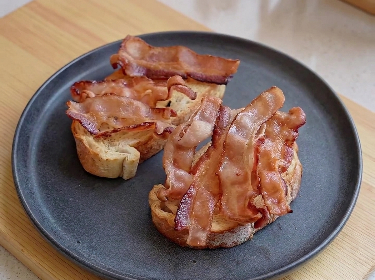 Ein dunkler Teller mit getoasteten Brotscheiben, belegt mit Lagen von gekochten, gewellten Baconstreifen.