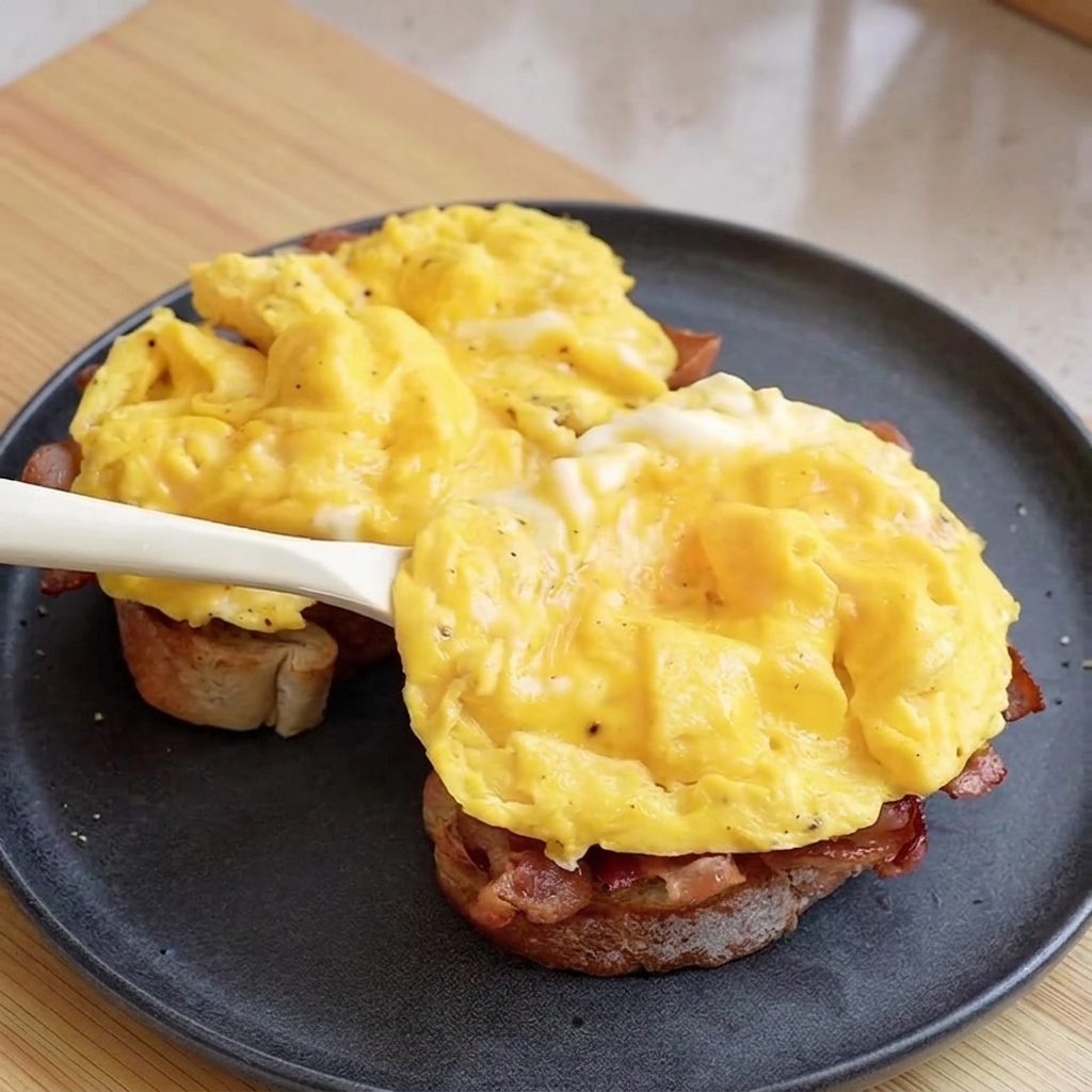 Ein weißer Spatel platziert einen Berg aus weichem, gelbem Rührei auf dem Bacon-Toast auf einem dunklen Teller.