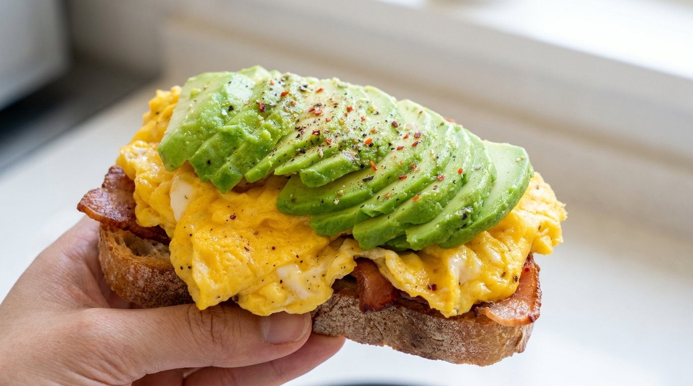 Bacon & Avocado Rührei Sandwich mit Iced Latte