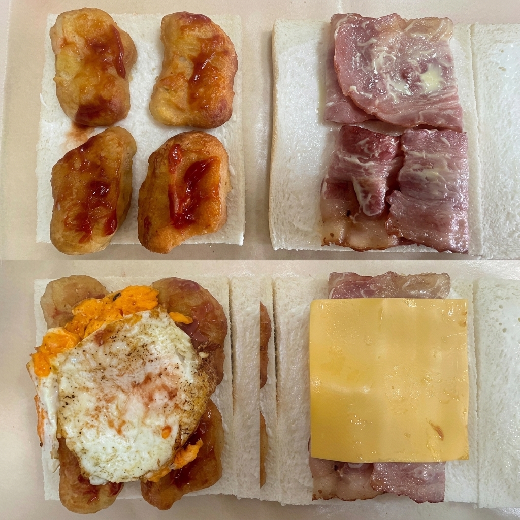 Ein zusammengesetztes Bild des Zubereitungsprozesses: Hähnchen-Nuggets mit Ketchup, Speckstreifen mit Honig-Senf, ein Spiegelei auf den Nuggets und eine Scheibe gelber Käse über dem Speck.