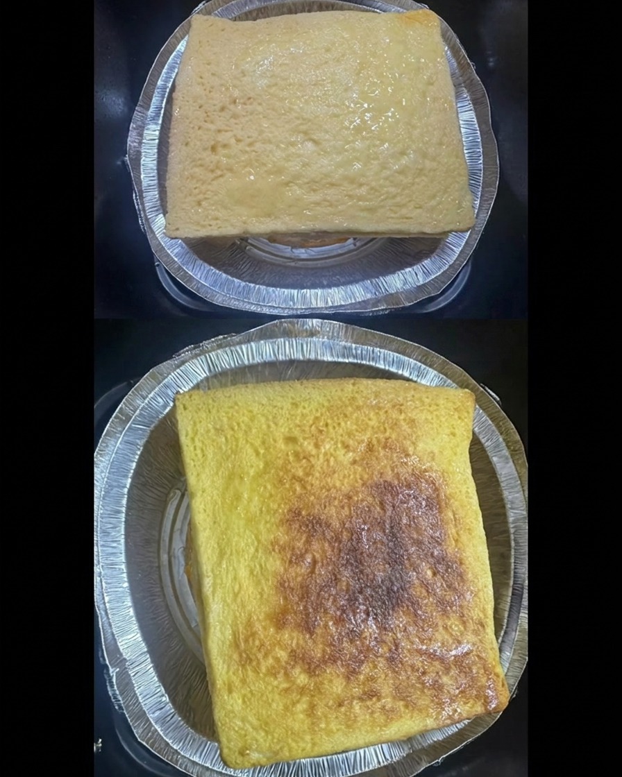 Eine geteilte Ansicht des rohen, in Ei gewendeten Sandwiches in einer Aluschale vor dem Garen und des wunderschön getoasteten, goldbraunen Sandwiches nach dem Frittieren.