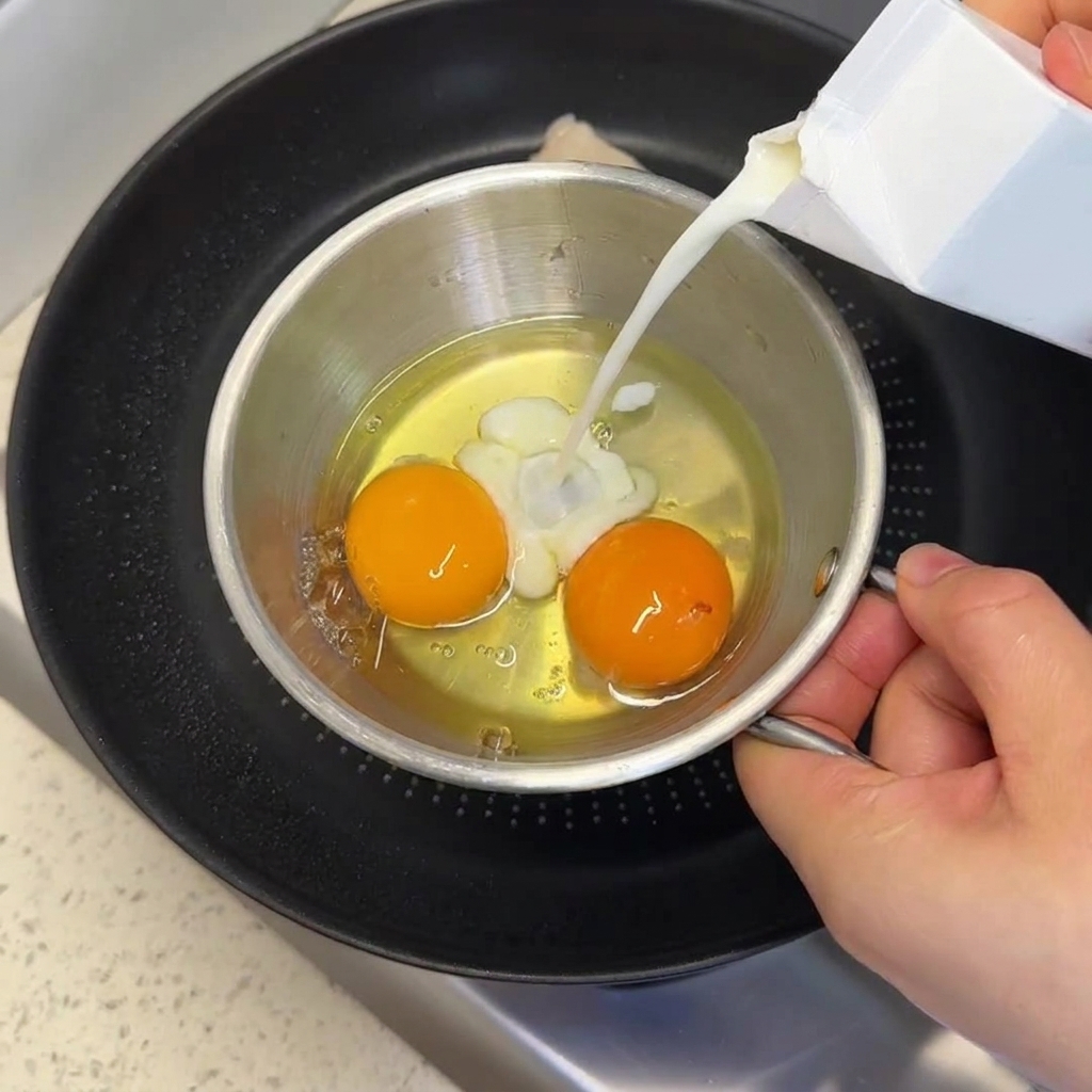 Eine Hand gießt Milch aus einem kleinen Karton in eine Metallschüssel mit zwei aufgeschlagenen Eiern.