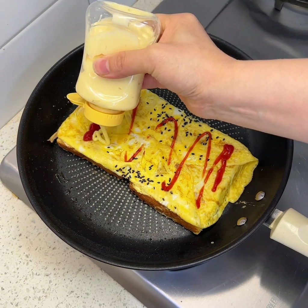 Eine Hand drückt Mayonnaise aus einer Flasche über ein mit Ketchup garniertes, gefaltetes Ei in einer Pfanne.