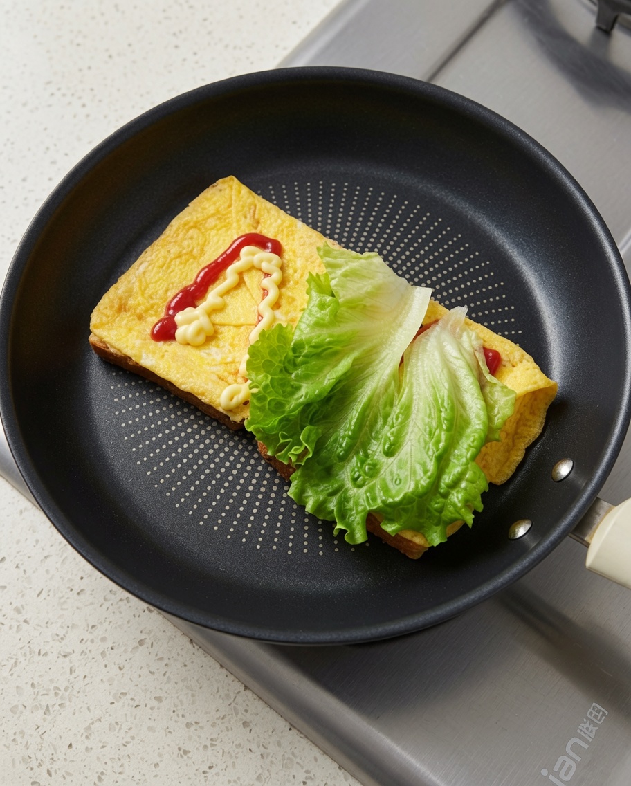 Ein frisches grünes Salatblatt wird auf die gebratene Eioberfläche in der Bratpfanne gelegt.