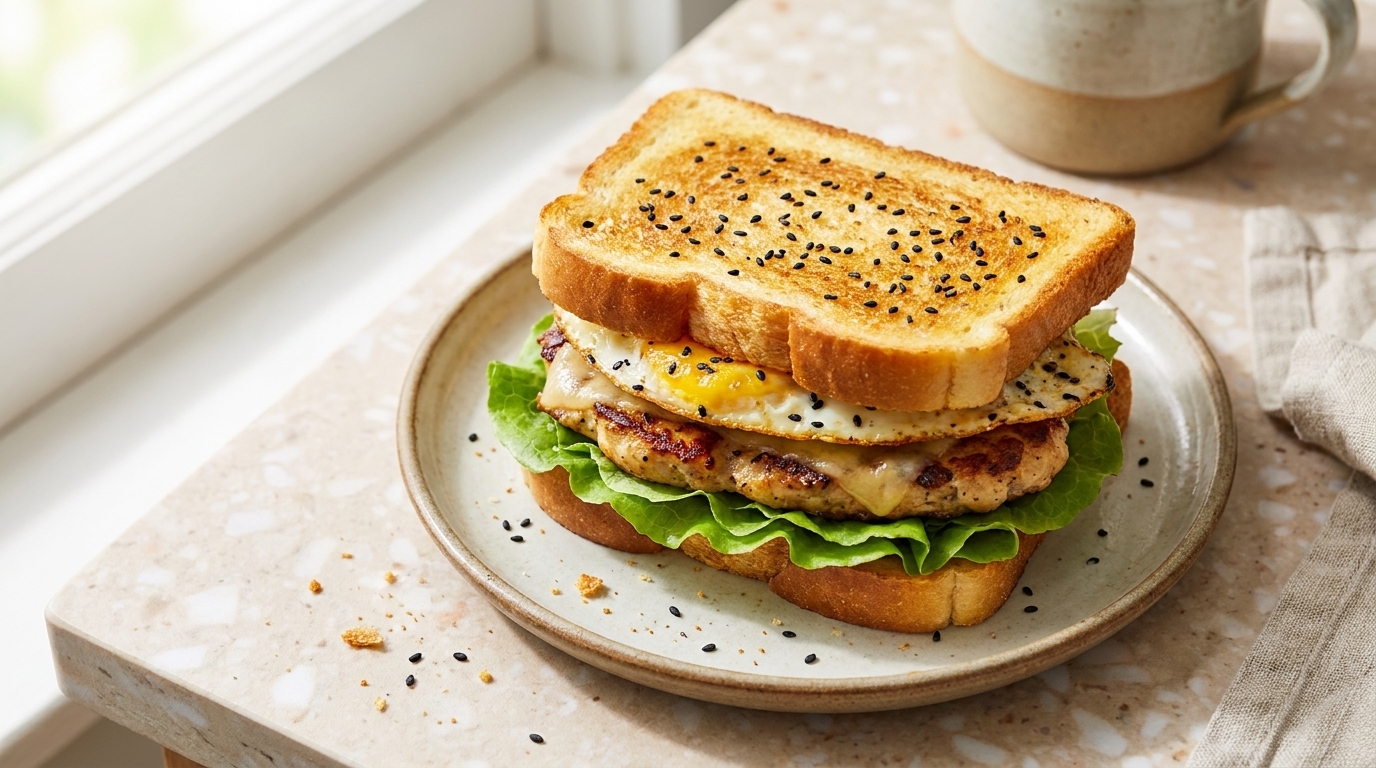 Goldbraunes Knuspriges Hähnchen-Eier-Sandwich