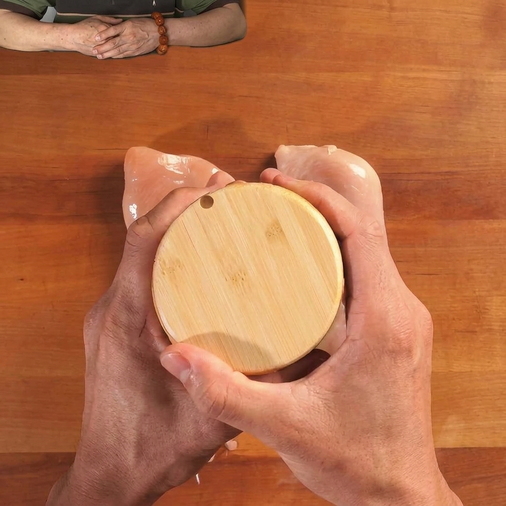 Rohe Hähnchenbrüste auf einem Holzbrett, die mit Gewürzen aus einem Holzstreuer gewürzt werden.