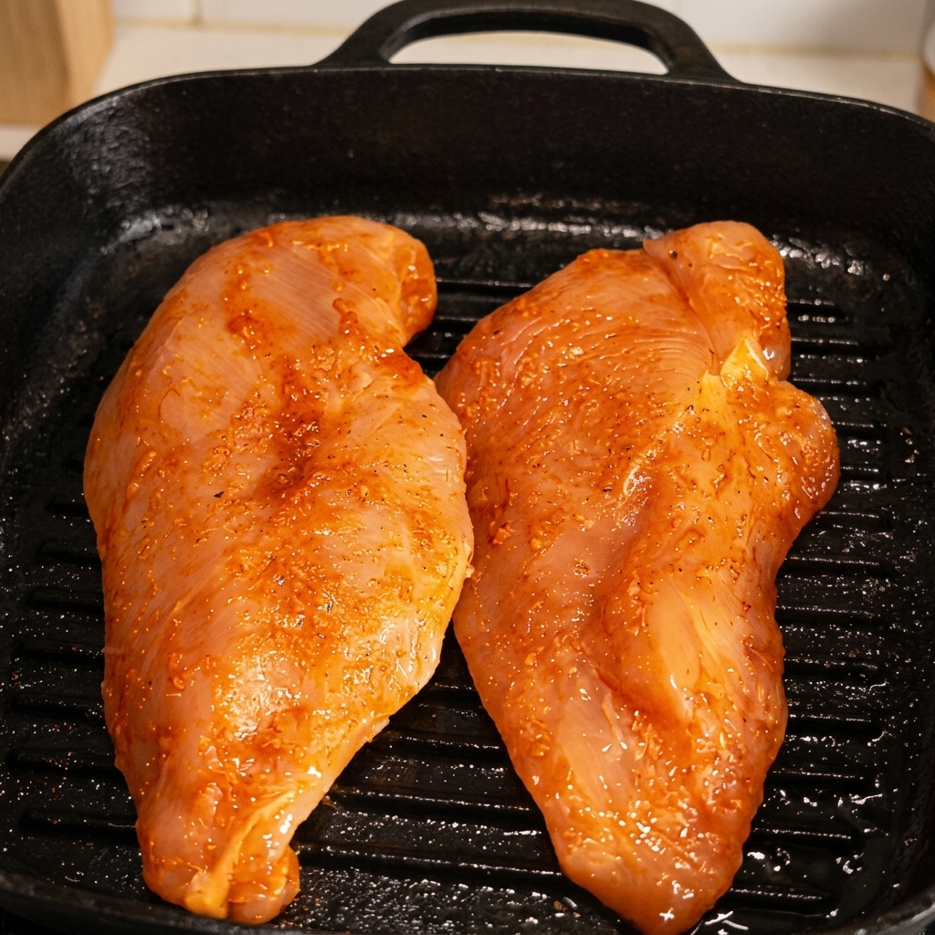 Zwei gewürzte Hähnchenbrüste braten in einer gerippten schwarzen Pfanne an, während sich Grillstreifen bilden.