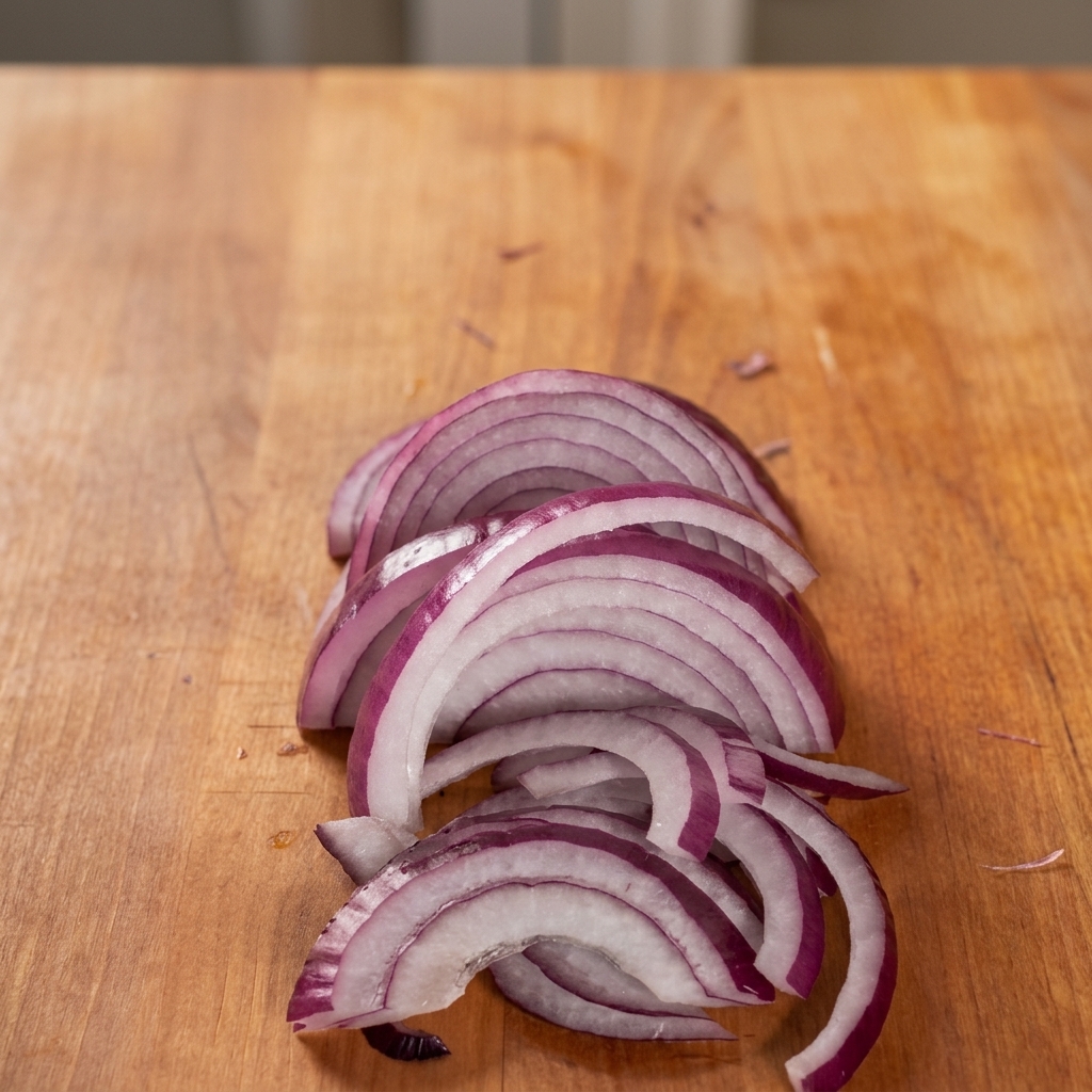 Ein Stapel frisch geschnittener roter Zwiebelringe, sauber auf einem Holzbrett angeordnet.