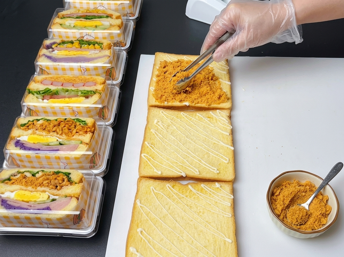 Eine kleine Metallzange verteilt gleichmäßig goldenes Chicken Floss auf einer Toastscheibe.