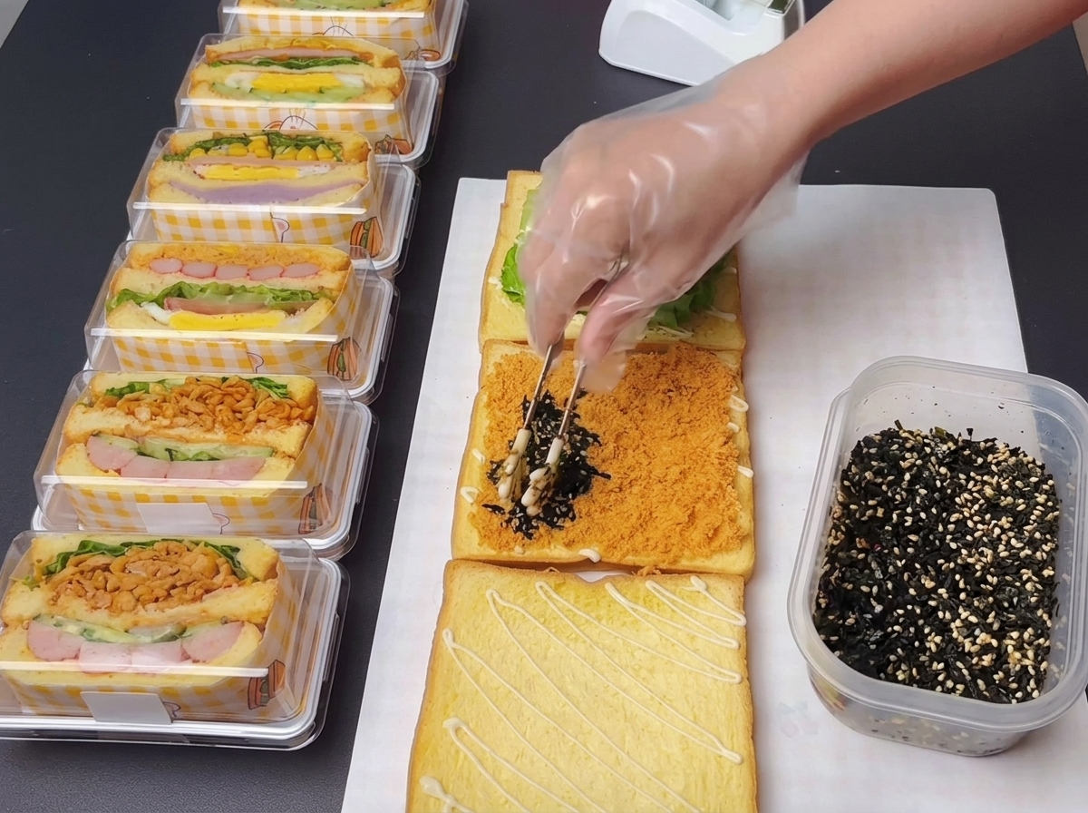 Eine Zange platziert eine dunkle Mischung aus zerkleinerten Nori-Algen und weißen Sesamsamen auf einem Bett aus Chicken Floss.