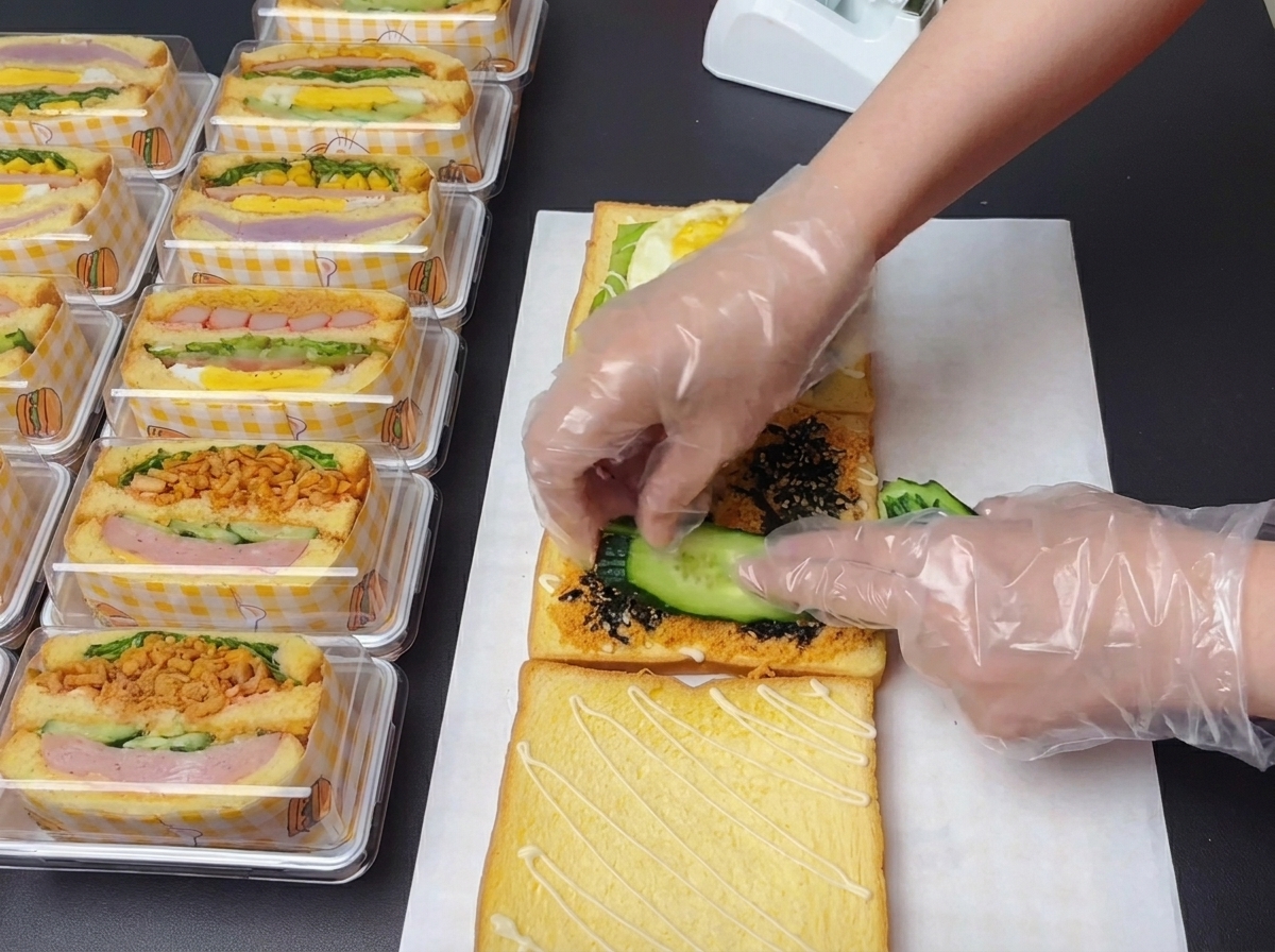 Behandschuhte Hände ordnen vier dünne, runde Gurkenscheiben ordentlich auf den Nori-Algen und dem Chicken Floss an.