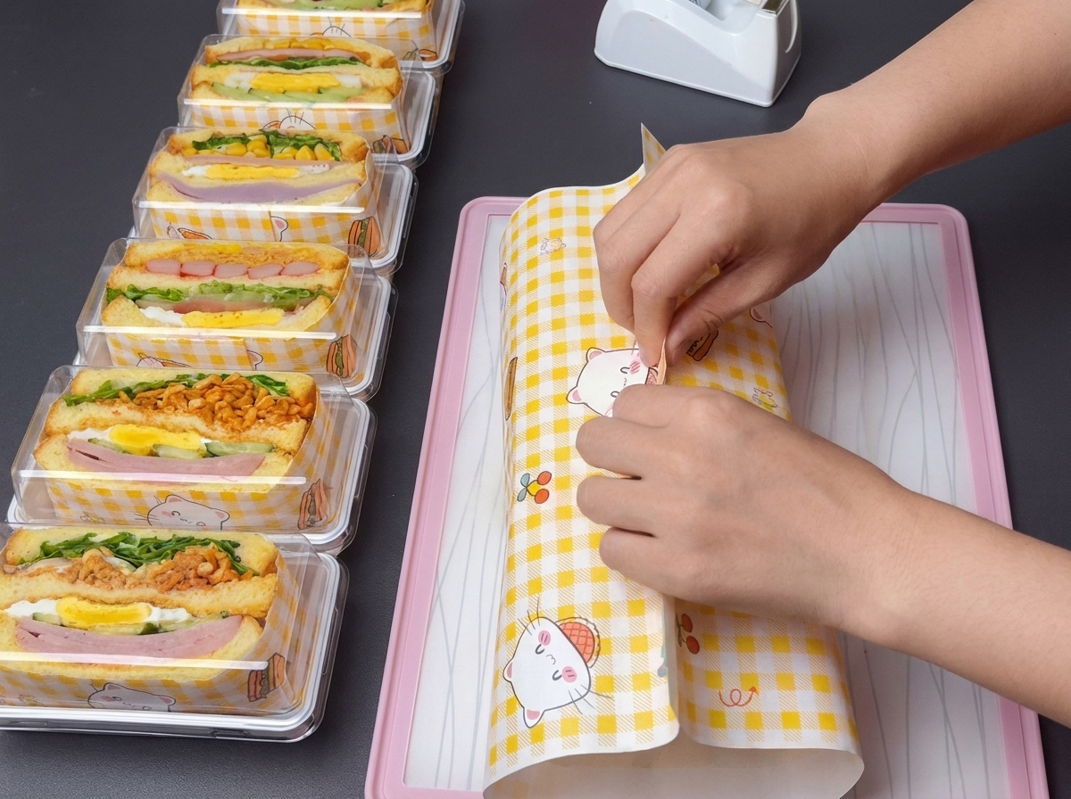 Das vollständig gestapelte Sandwich wird fest in gelb-weiß gemustertes Papier eingewickelt.