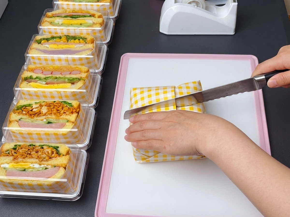 Ein Sägemesser schneidet durch die Mitte des eingewickelten Sandwiches auf einem rosa Schneidebrett.