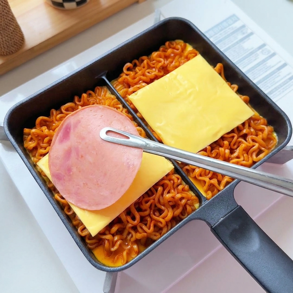 Käse- und Schinkenscheiben werden mit einer Metallzange oben auf die Nudelbasis gelegt.