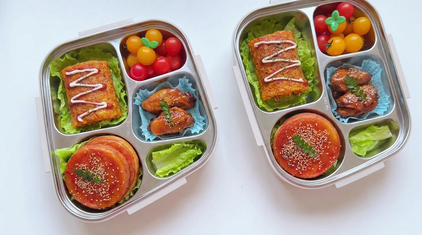 Ultimative Kinder-Bento-Box: Fleisch-Ei-Burger, Würzige Nudelröllchen & Cola-Hähnchenflügel