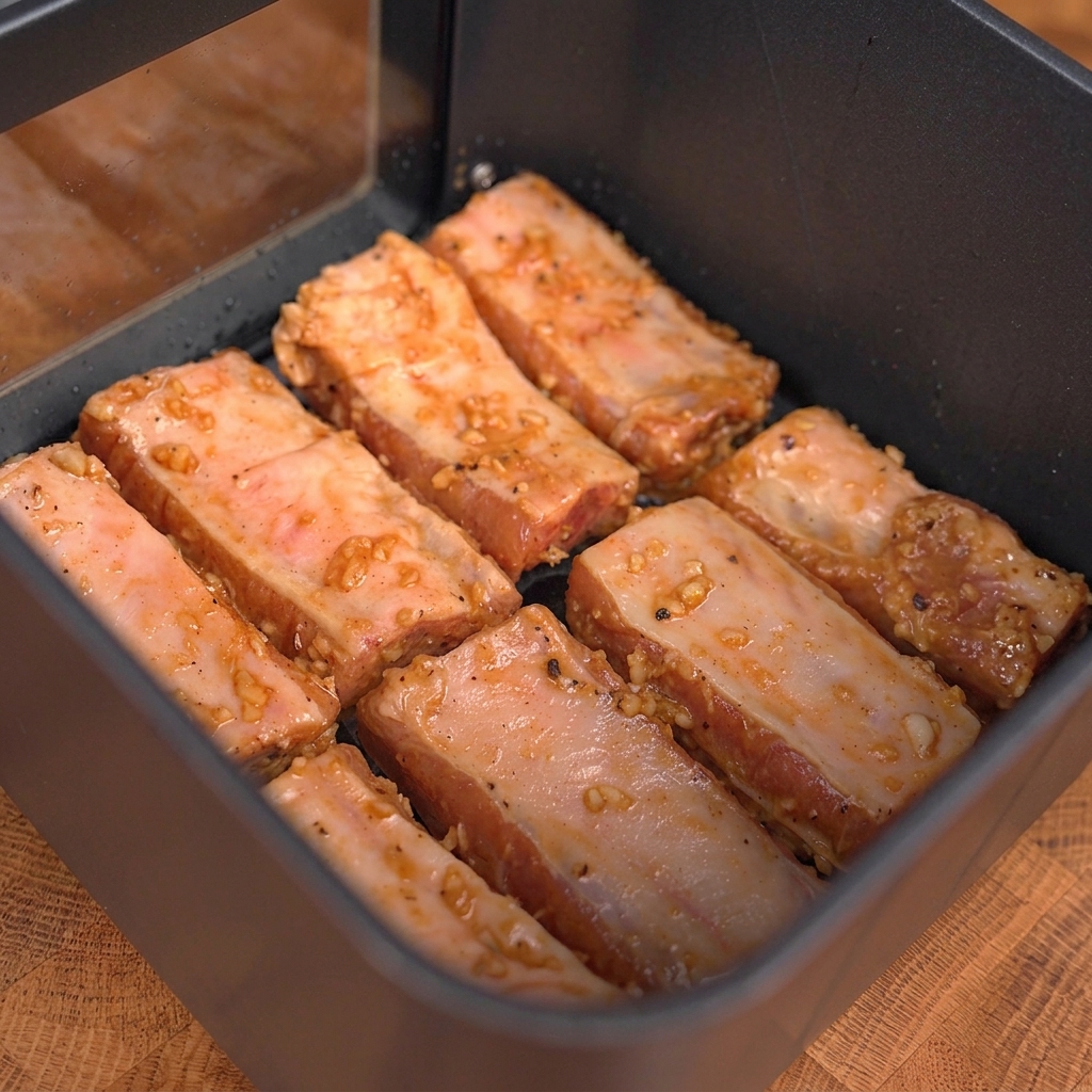 Öl wird über die Schweinerippchen in der Heißluftfritteuse gesprüht.