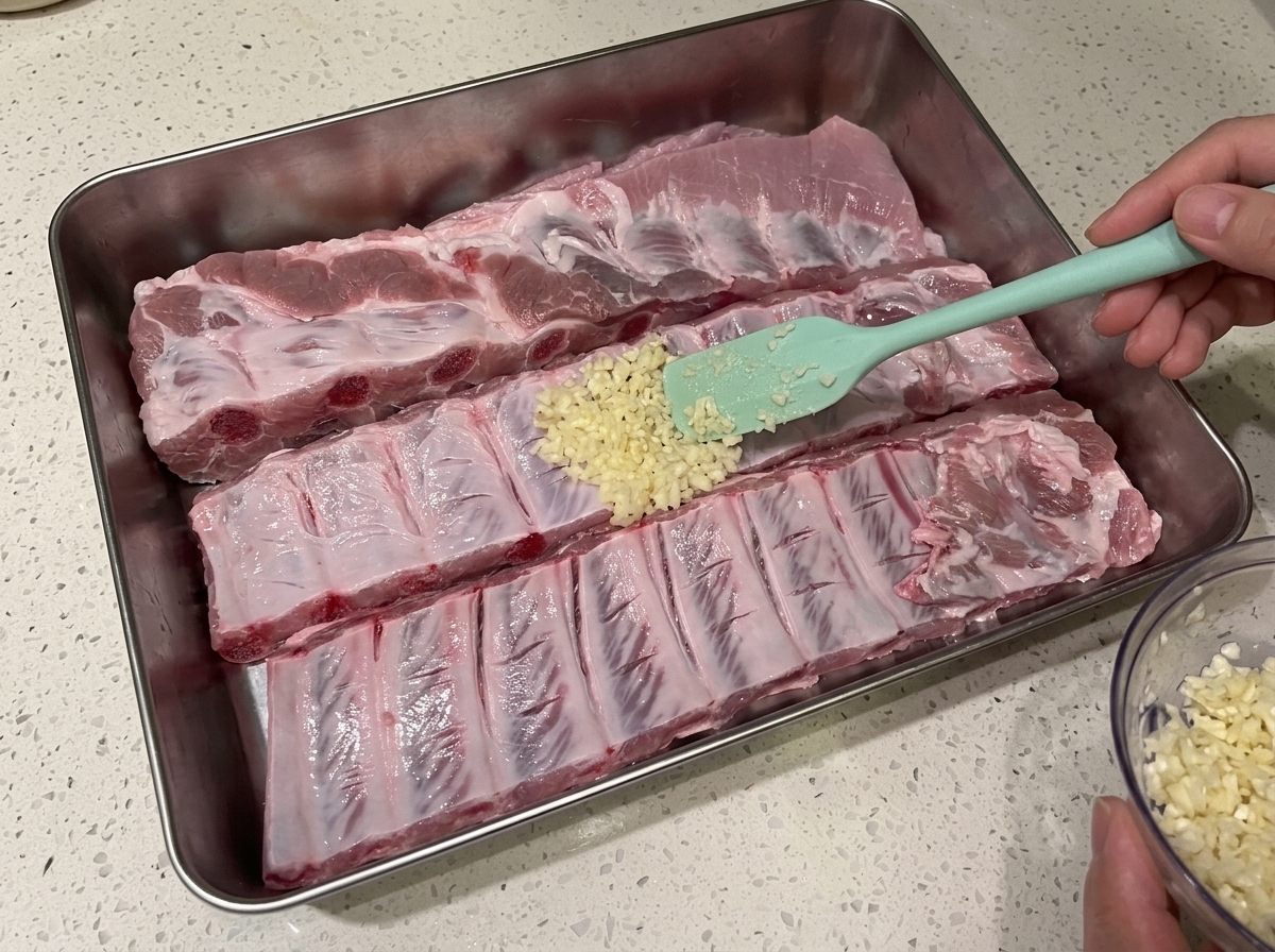 Frisch gehackter Knoblauch wird mit einem Silikonspatel auf die Oberfläche roher Schweinerippchen gegeben.