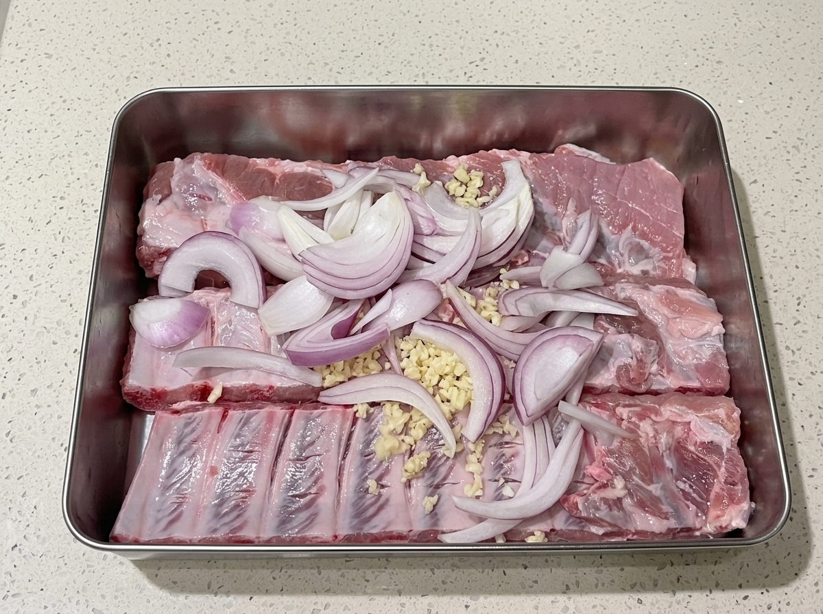 In Scheiben geschnittene rote Zwiebeln werden auf den Rippchen verteilt, während Saft hinzugefügt wird.