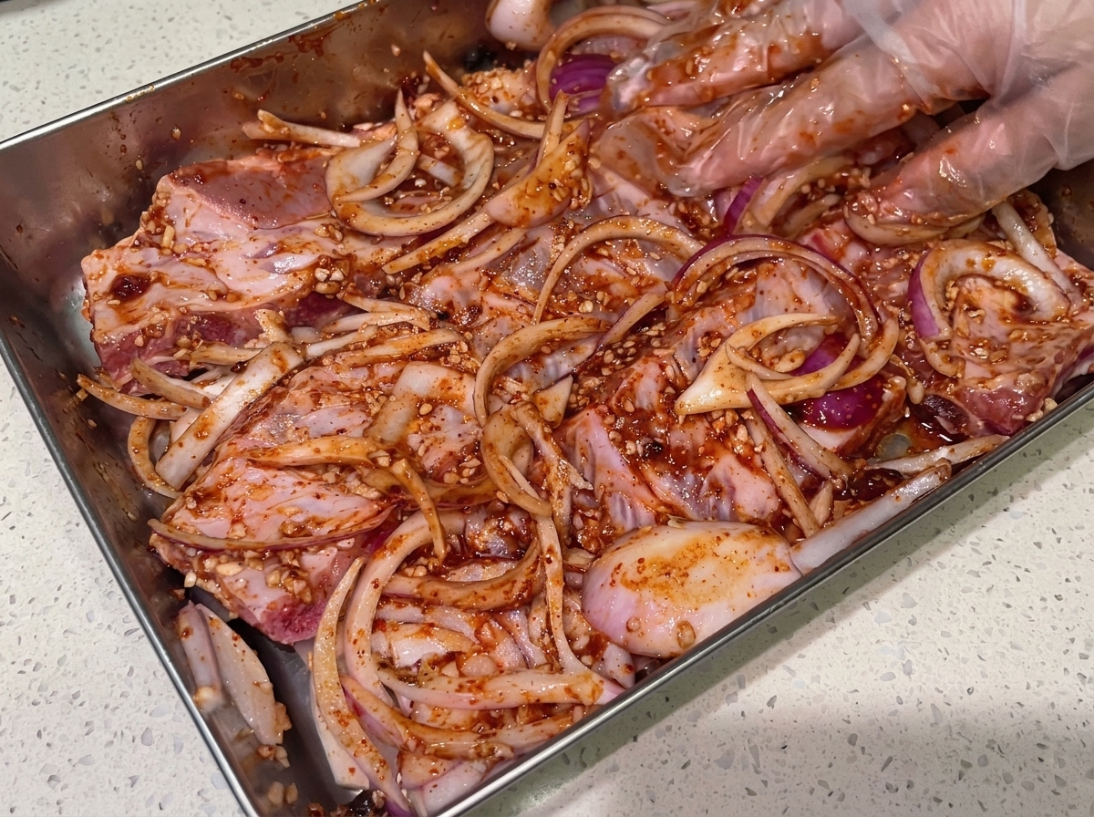 Mit Handschuhen bekleidete Hände verteilen und reiben eine dunkelrote Marinade gleichmäßig in die Rippchen und Zwiebeln ein.