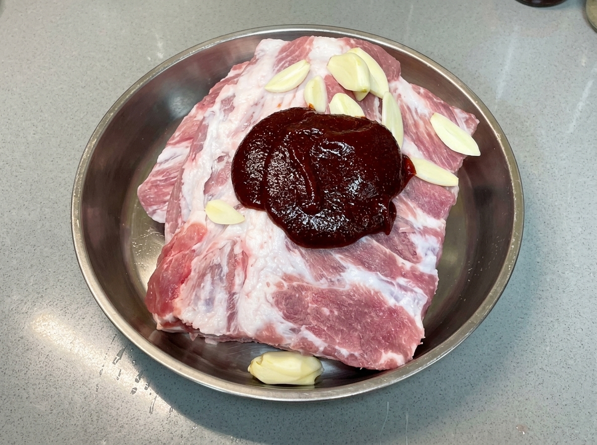 Austernsoße wird auf die Soßenmischung auf den rohen Schweinerippchen geträufelt.