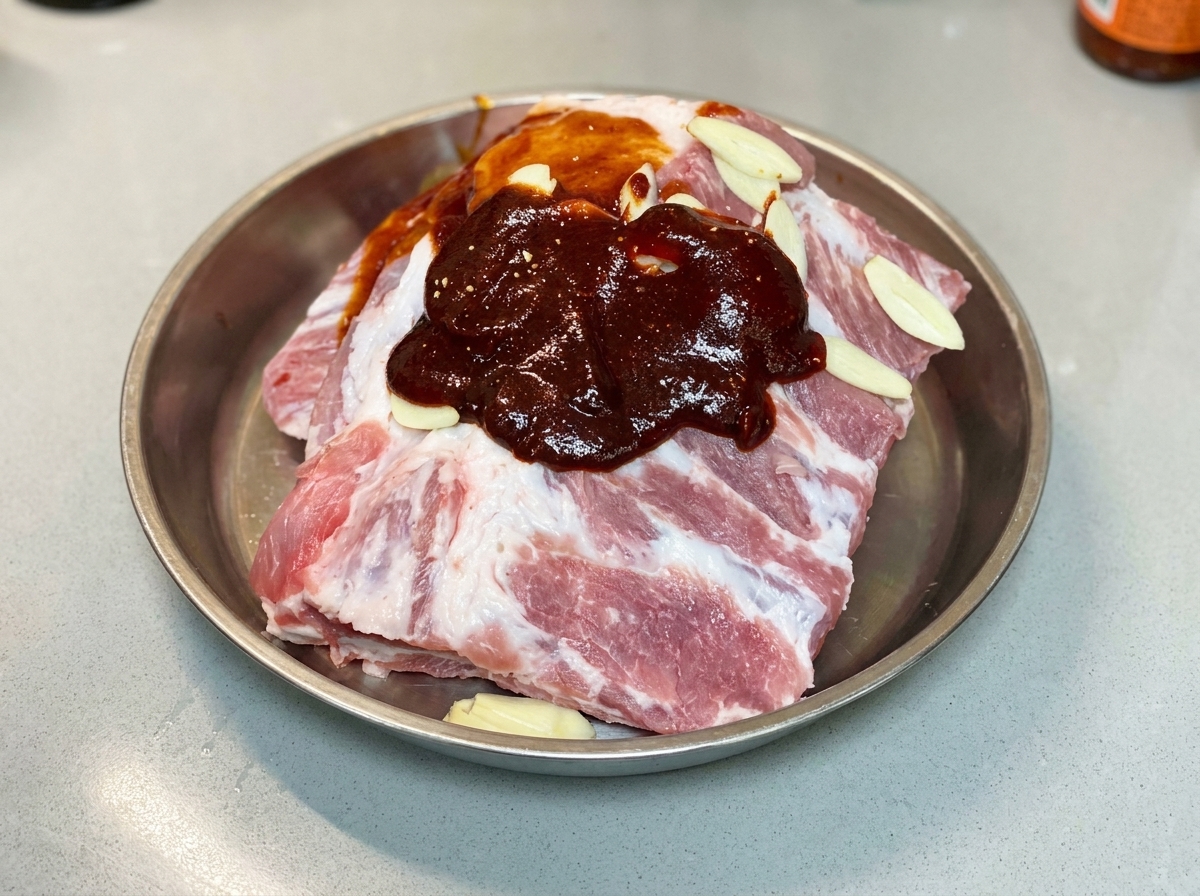 Feine Pünktchen weißer Pfeffer sind auf den marinierten Schweinerippchen und Soßen zu sehen.