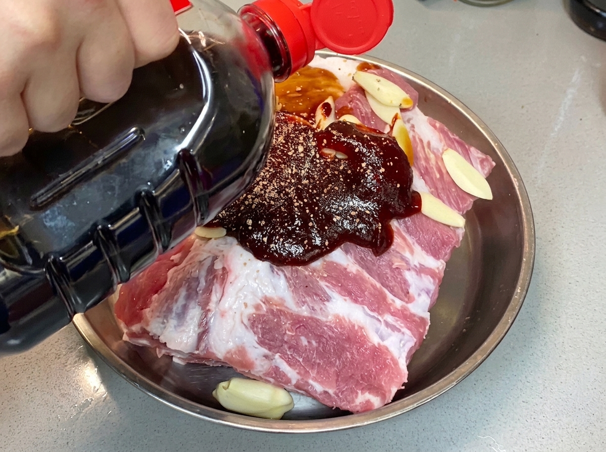 Helle Sojasoße wird aus einer Flasche auf die gewürzten Schweinerippchen gegossen.