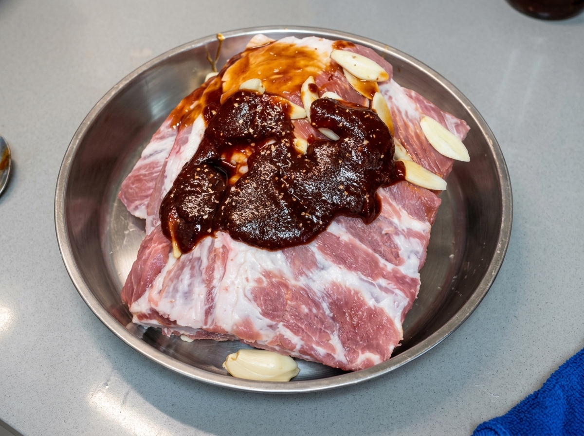 Salz wird auf die gewürzten Schweinerippchen in einer Metallschale gestreut.