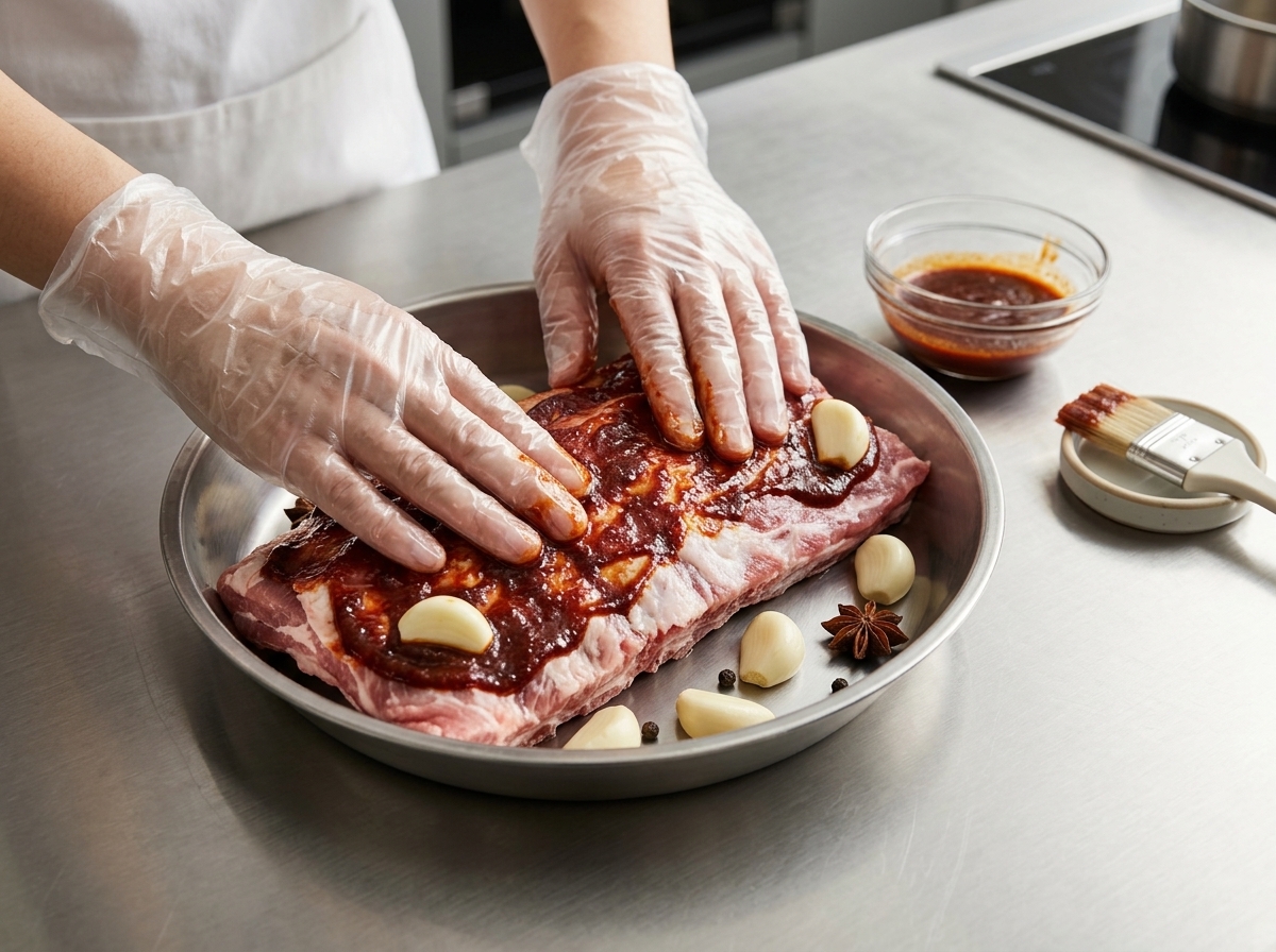 Hände mit Einweghandschuhen reiben dunkle Marinade und Knoblauch in Schweinerippchen ein.