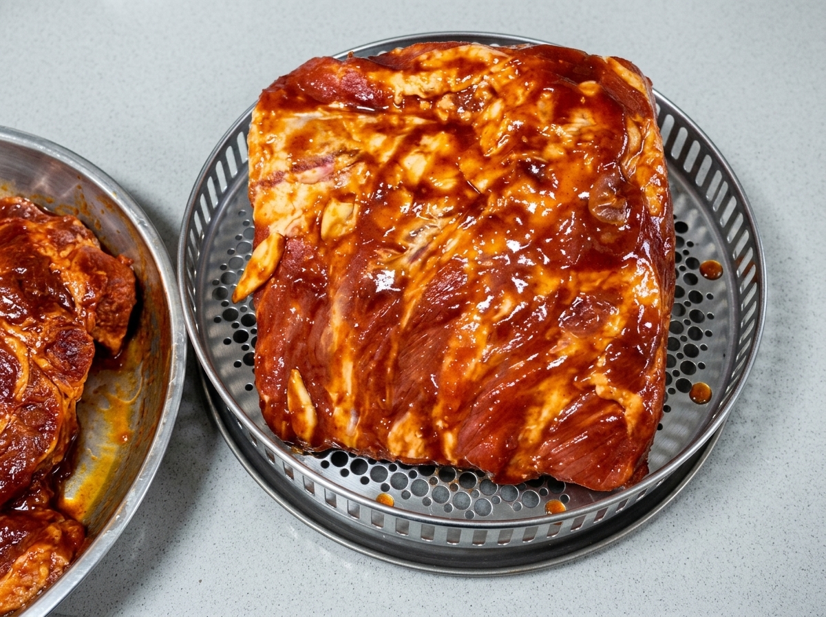Marinierte Schweinerippchen liegen auf einem gelochten Metallbackblech mit Knoblauchstücken.
