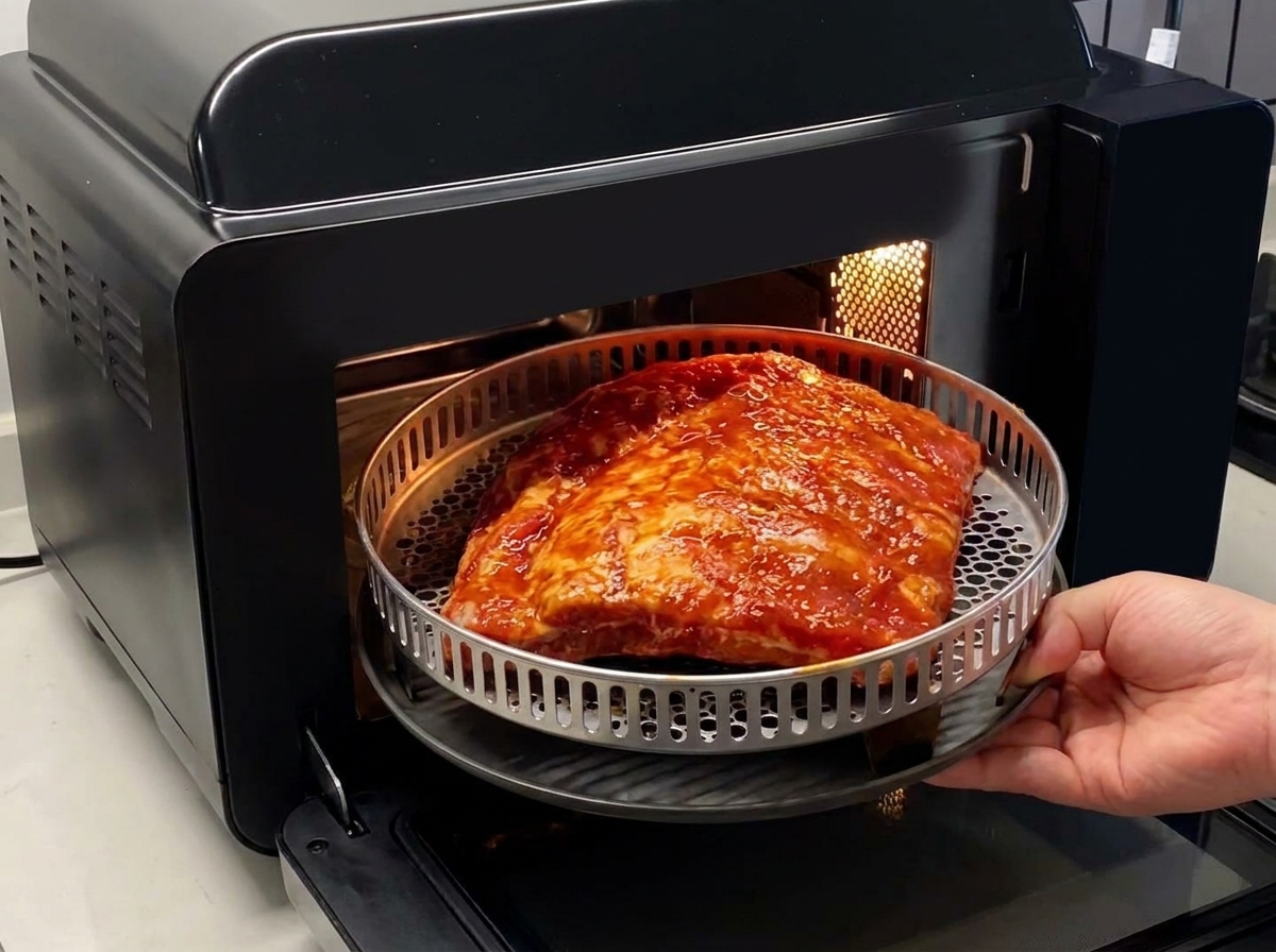 Ein Backblech mit gewürzten Schweinerippchen wird in einen offenen schwarzen Ofen geschoben.