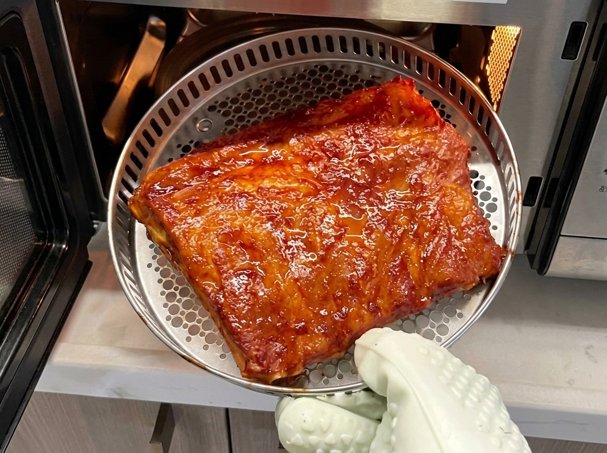 Schweinerippchen werden mit einer Küchenzange in einem Backgitter im Ofen umgedreht.
