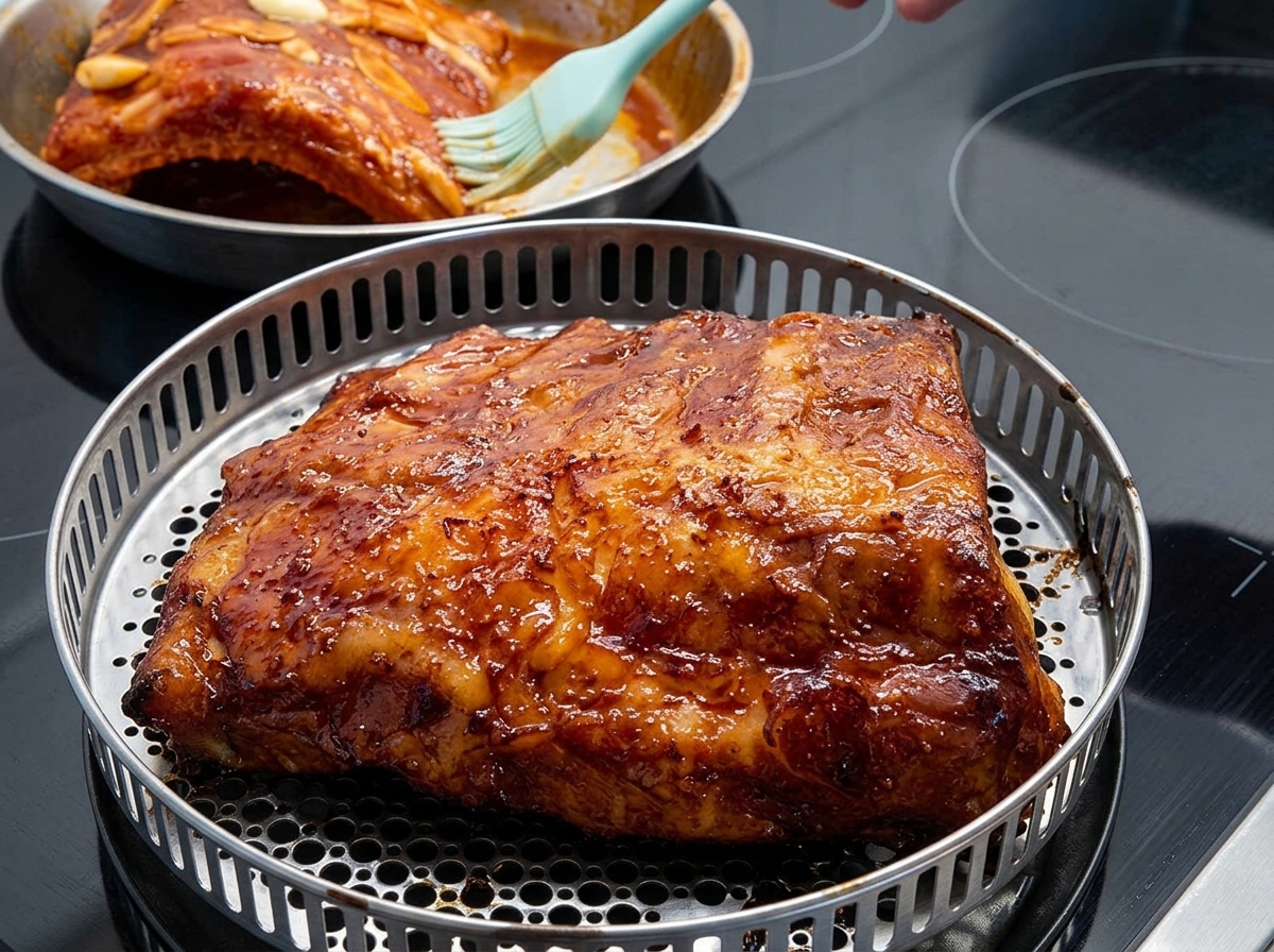 Ein Küchenpinsel trägt eine Honig-Soßen-Mischung auf gewürzte Schweinerippchen auf.