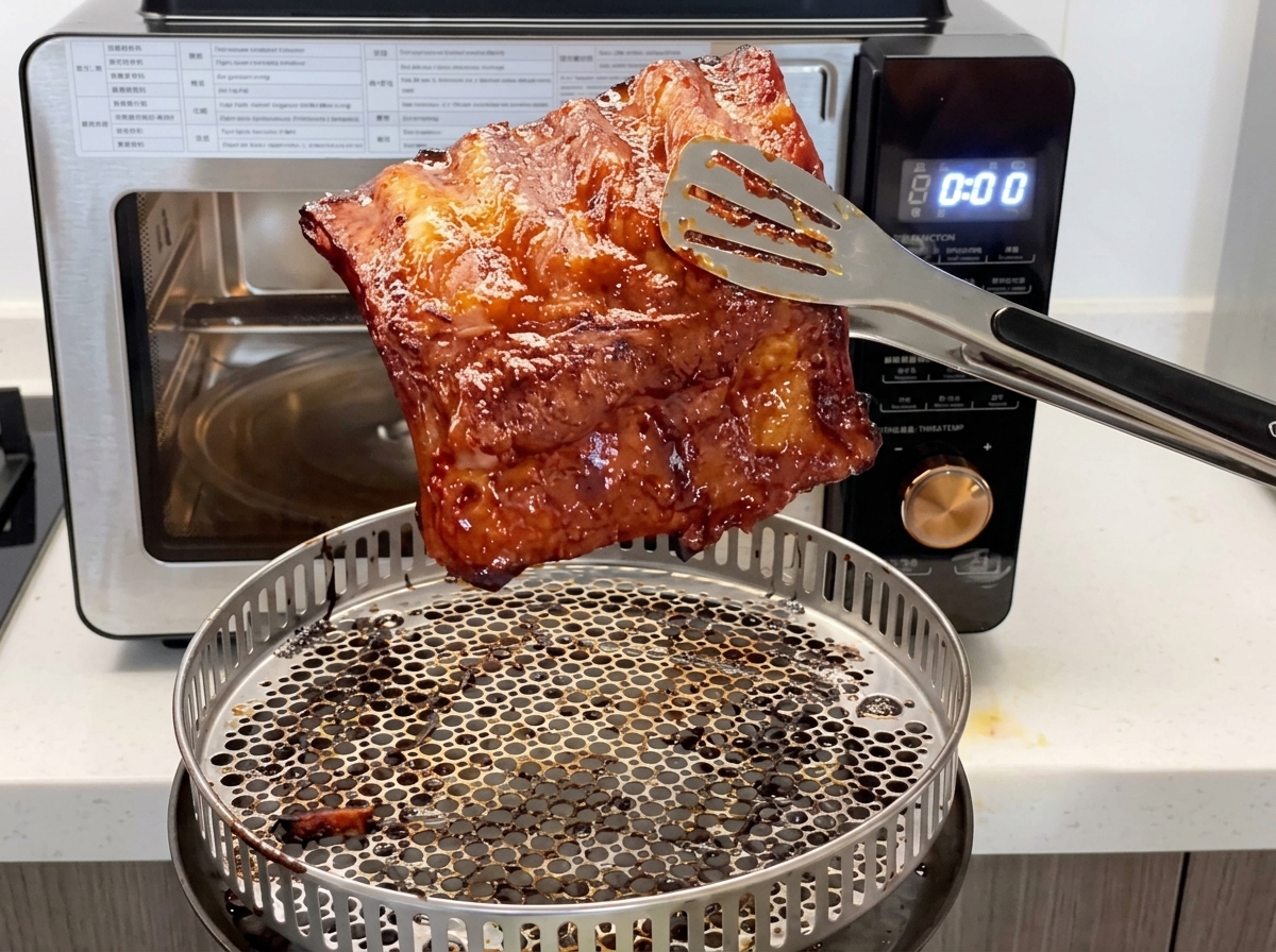 Eine Küchenzange hebt ein Stück frisch gebackene, glasierte Schweinerippe an.