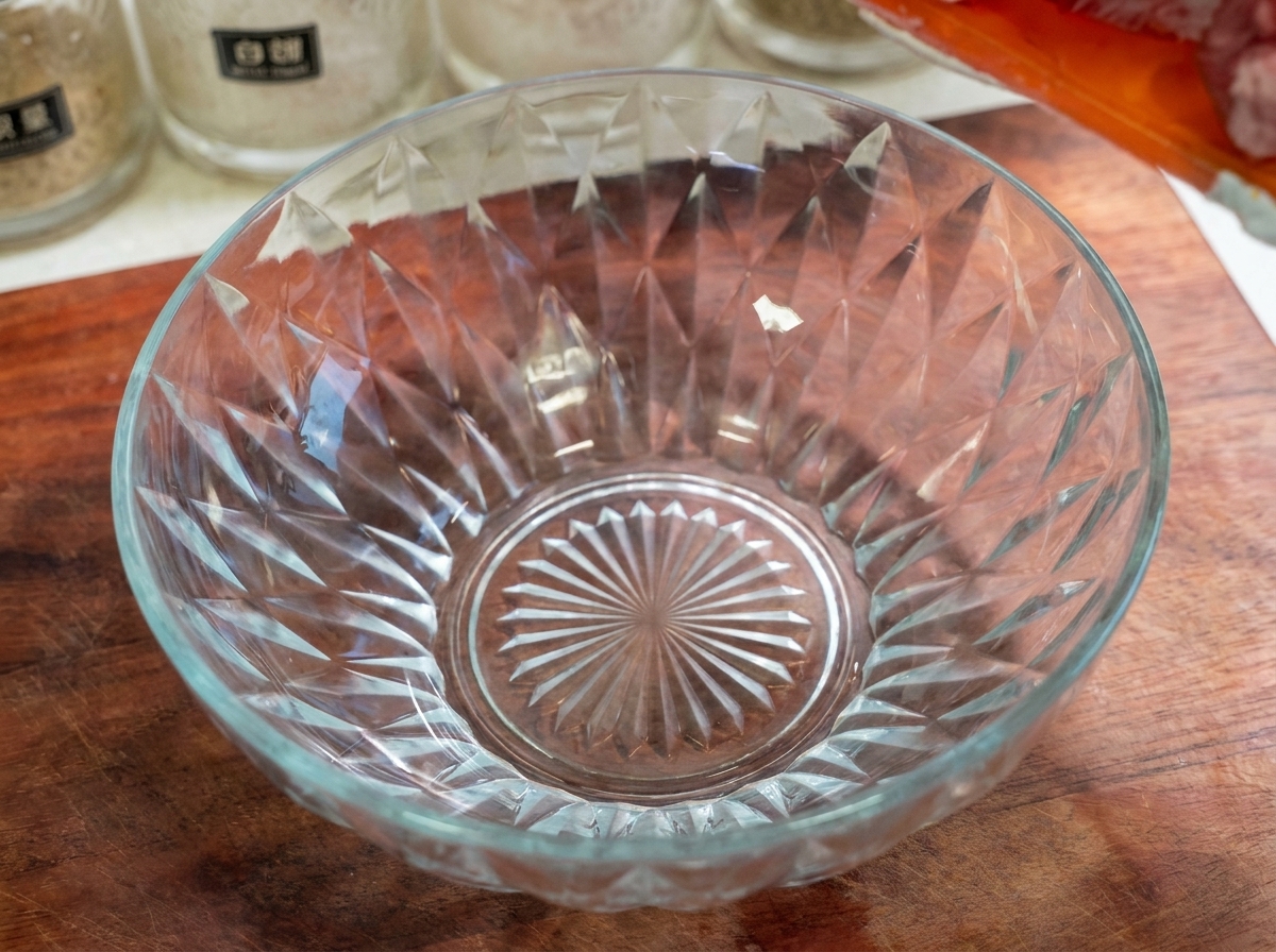 Rohe Schweinerippchenstücke werden aus einem orangefarbenen Behälter in eine Rührschüssel aus Glas gegeben.