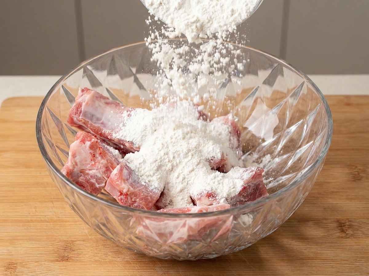Feines Mehl und Salz rieseln auf rohe Schweinerippchen in einer Glasschüssel.