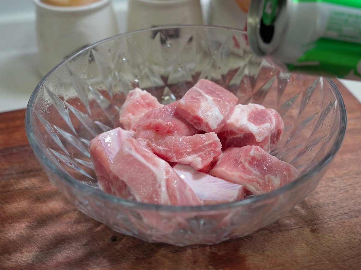 Bier wird aus einer Dose in eine Glasschüssel mit rohen Schweinerippchen gegossen.
