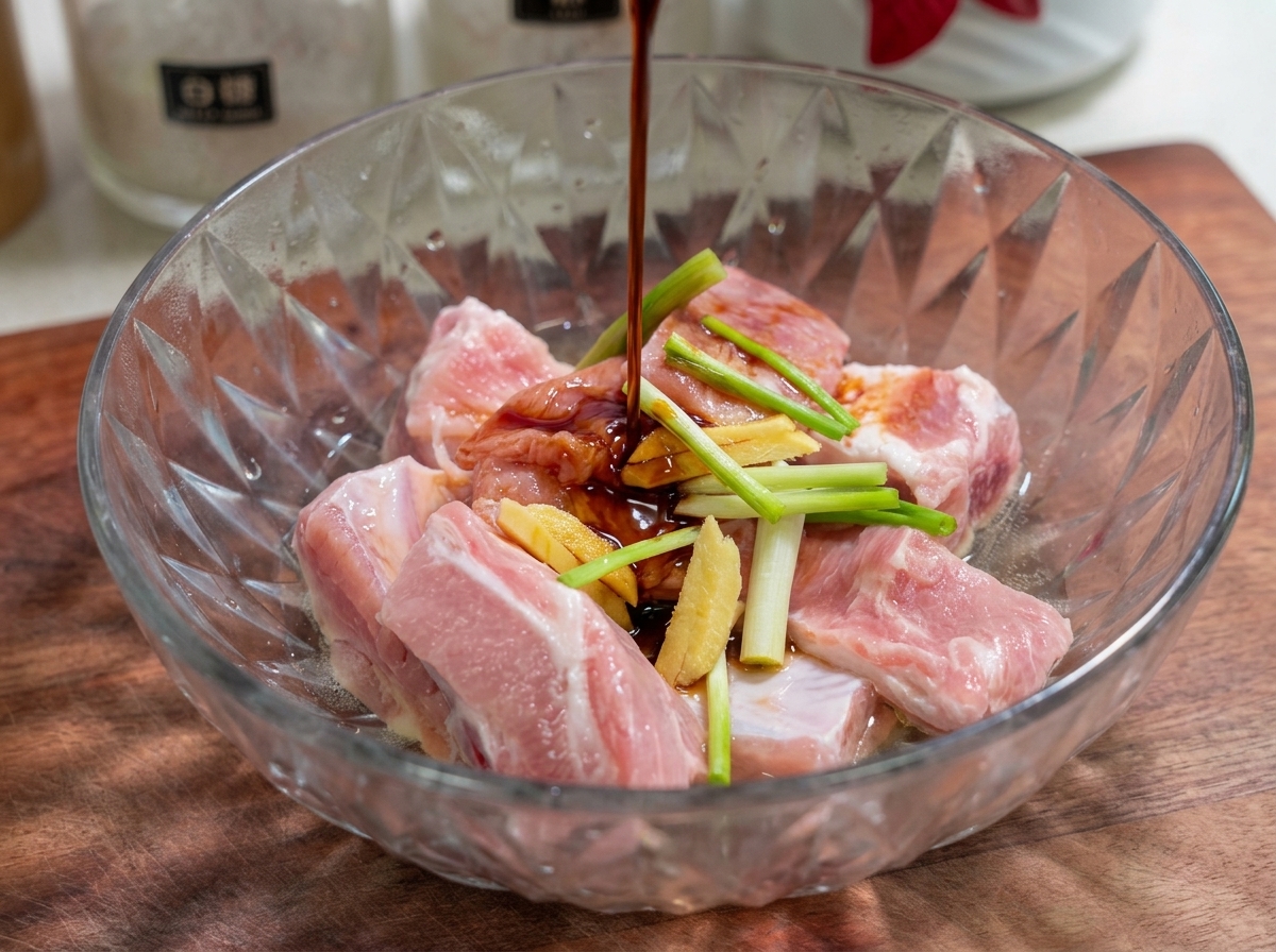 Dunkle Sojasoße, Austernsoße und Char-Siu-Soße werden auf die Rippchen in einer Glasschüssel gegossen.