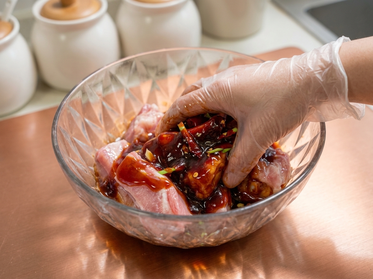 Eine be Handschuh bedeckte Hand massiert und beschichtet Schweinerippchen mit dunkler Marinade in einer Glasschüssel.