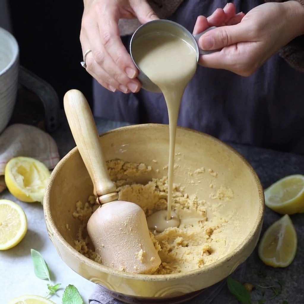 Tahin-Paste wird aus einem Messbecher in eine gelbe Schüssel mit zerdrückten Kichererbsen gegossen.
