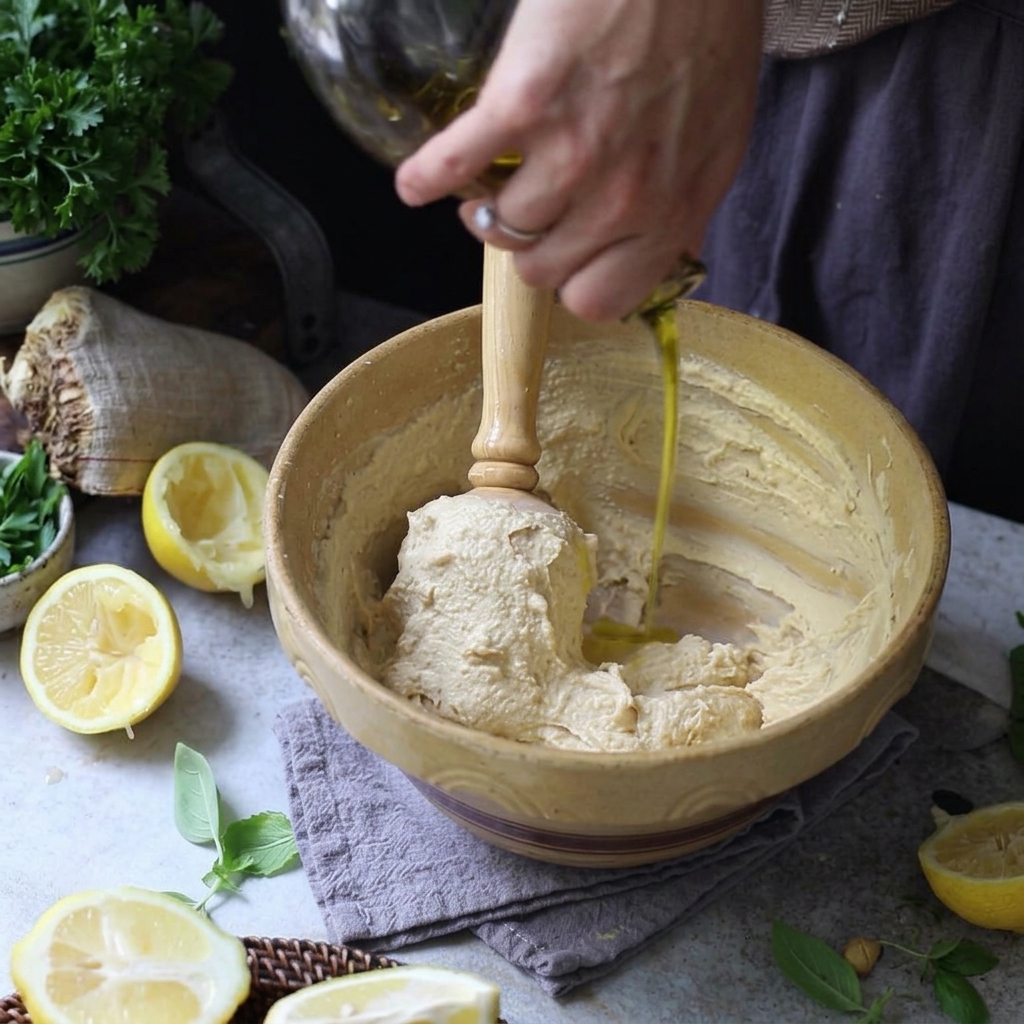 Olivenöl wird aus einer Glasflasche in eine Schüssel mit Hummus gegossen, während dieser gerührt wird.