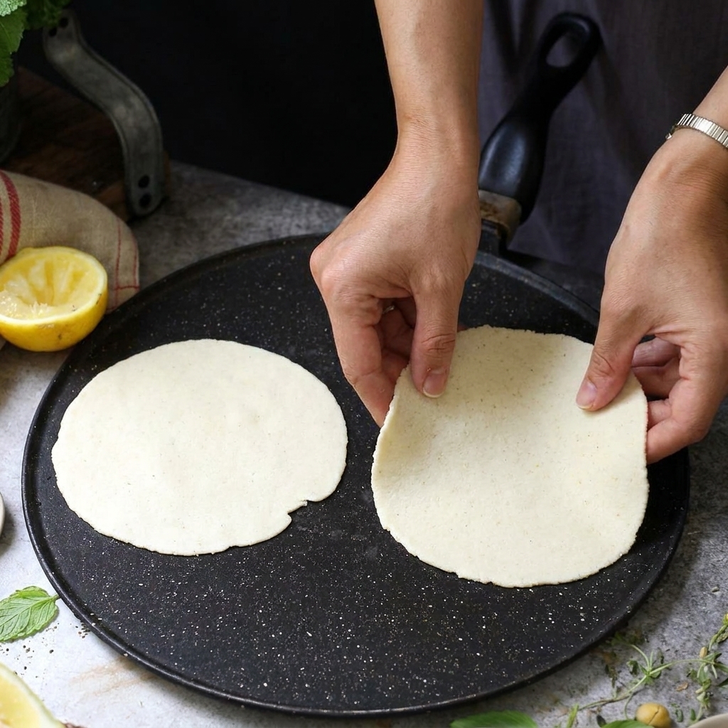 Flachgedrückte, runde Tortillateigstücke backen auf einer heißen, dunklen Grillplatte.