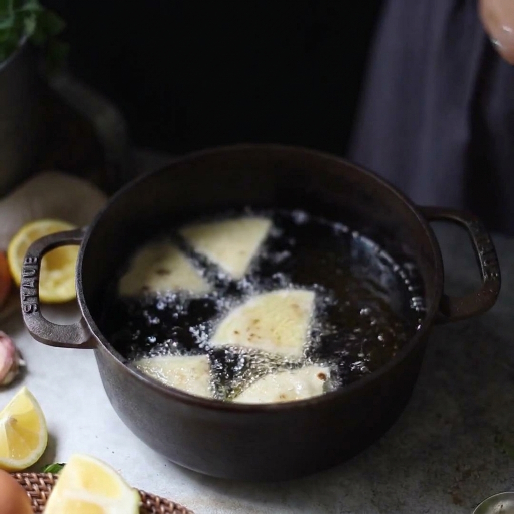 Tortilla-Dreiecke frittieren in einem Topf mit sprudelnd heißem Öl.