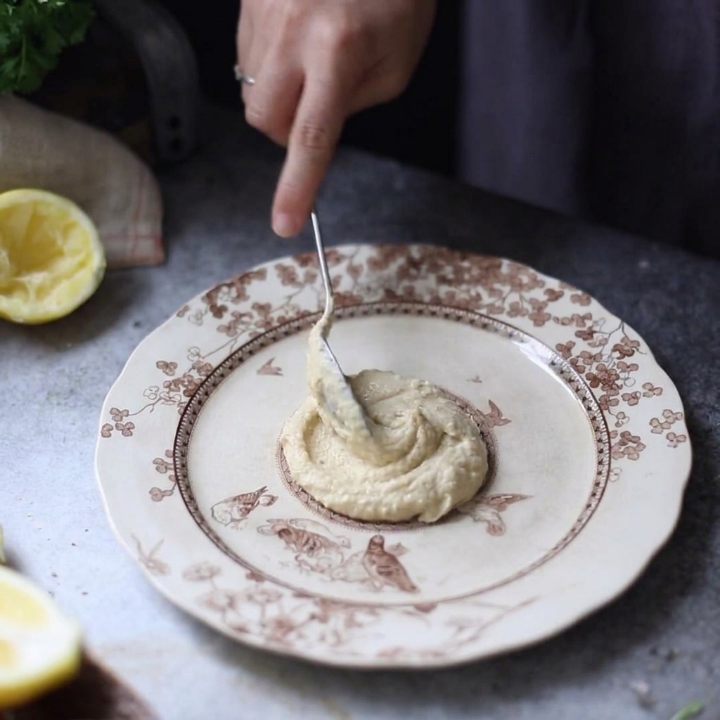 Hummus wird mit einem Löffel in einem kreisförmigen Muster auf einem dekorativ gemusterten Teller verstrichen.