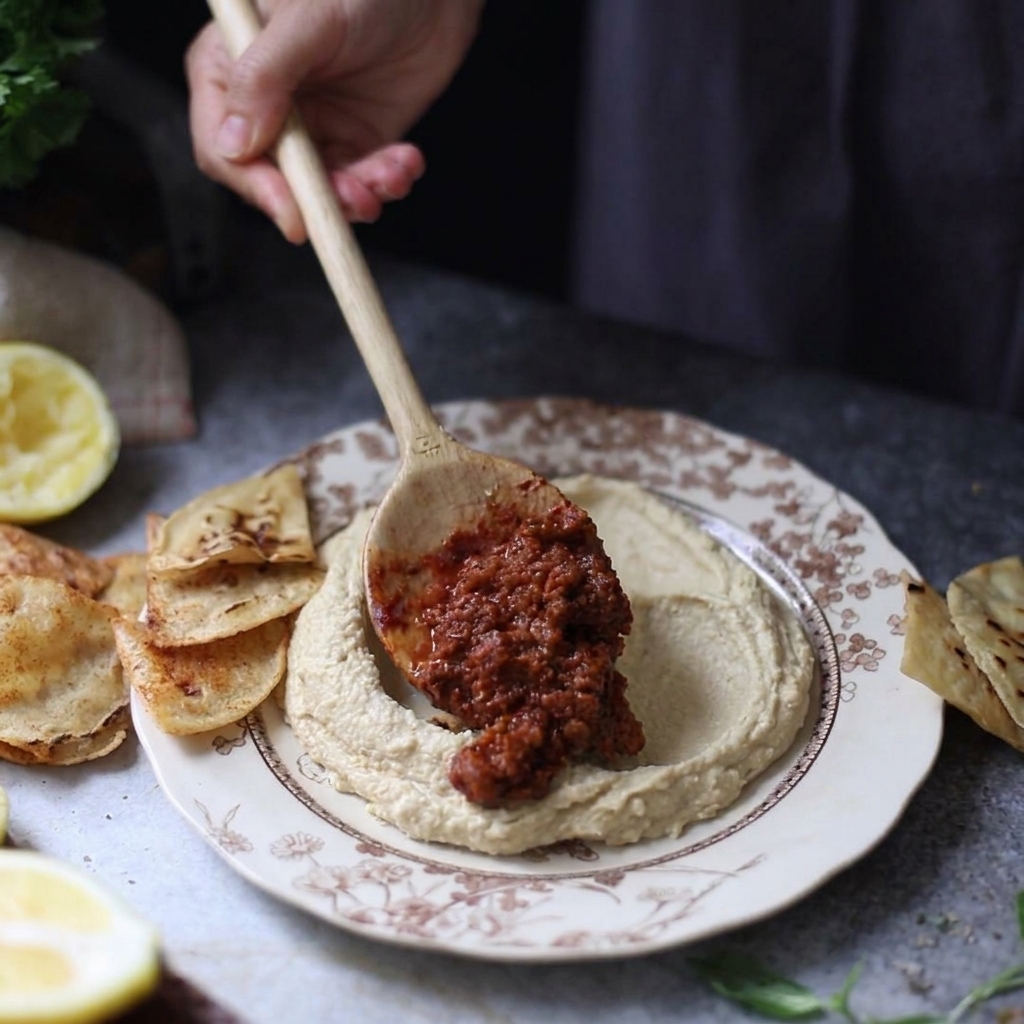 Ein Holzlöffel platziert warmes Rinderhackfleisch in der mittleren Vertiefung des Hummus, der auf einem Teller mit Tortilla-Chips serviert wird.