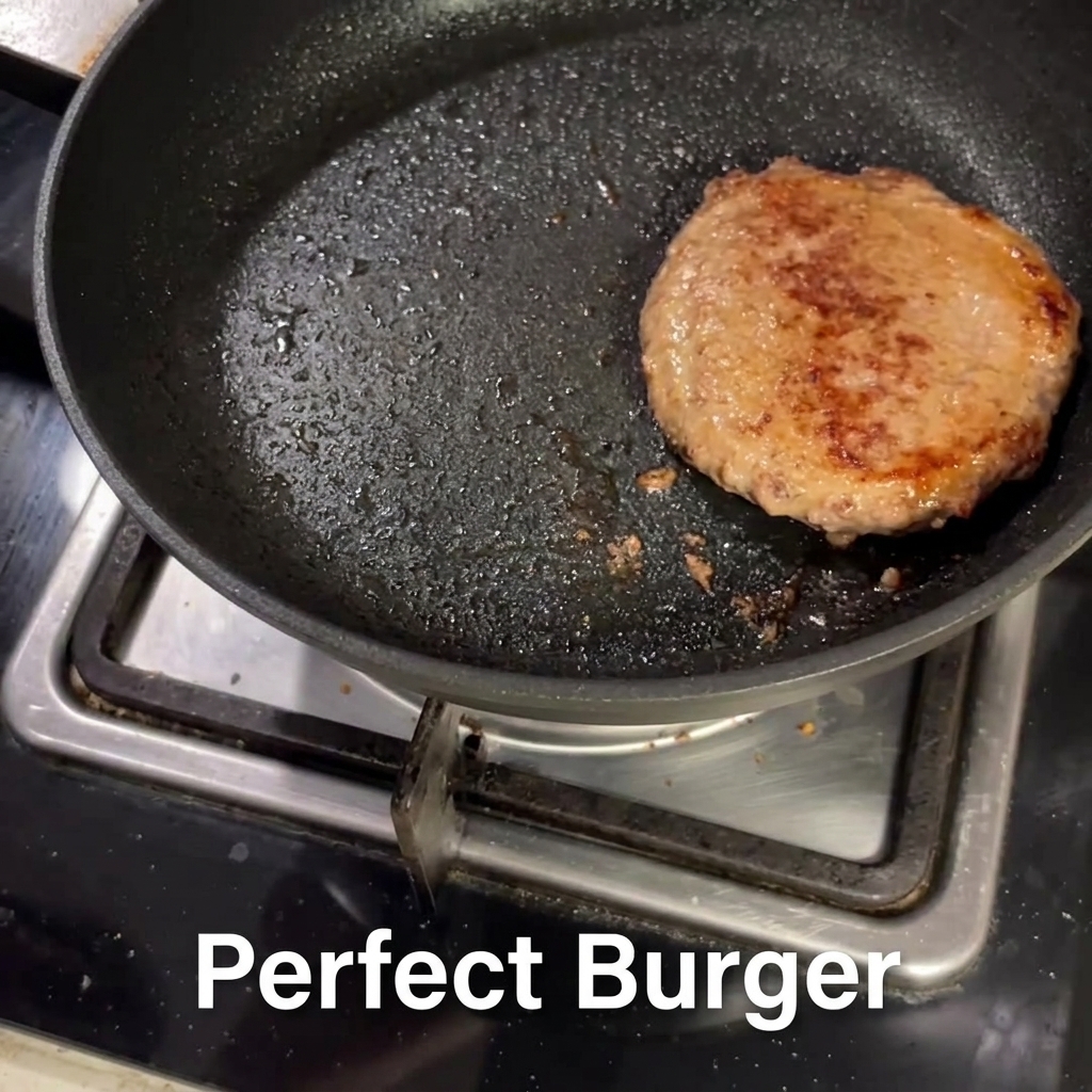 Zwei Eier braten in einer Pfanne neben dem gegarten Rinderpatty, leicht gewürzt und abgedeckt.