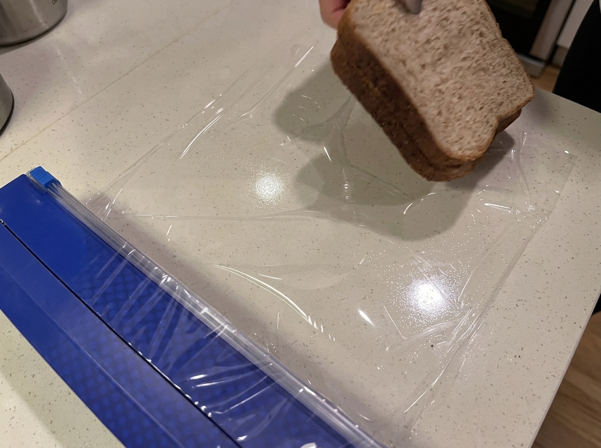 Zwei Scheiben Vollkornbrot liegen flach auf einem Stück Frischhaltefolie auf einer Küchenarbeitsplatte.