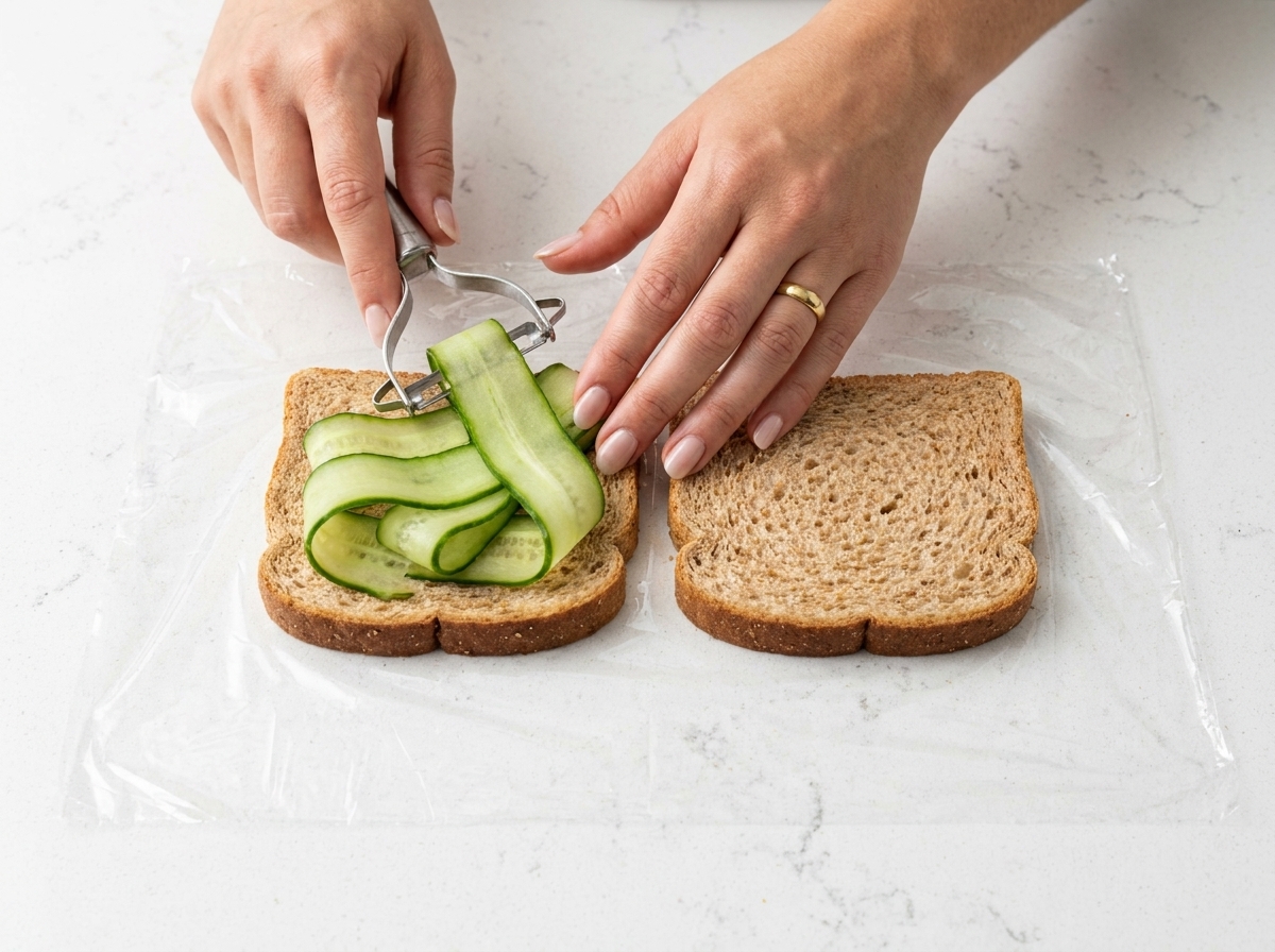 Ein Sparschäler hobelt dünne Gurkenstreifen direkt auf eine Scheibe Vollkornbrot.