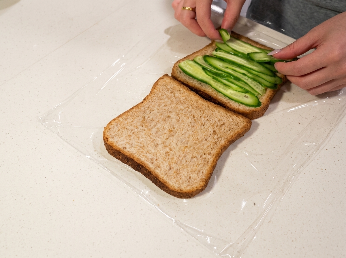 Spiegeleier werden auf die Gurkenschicht einer Scheibe Vollkornbrot gelegt.